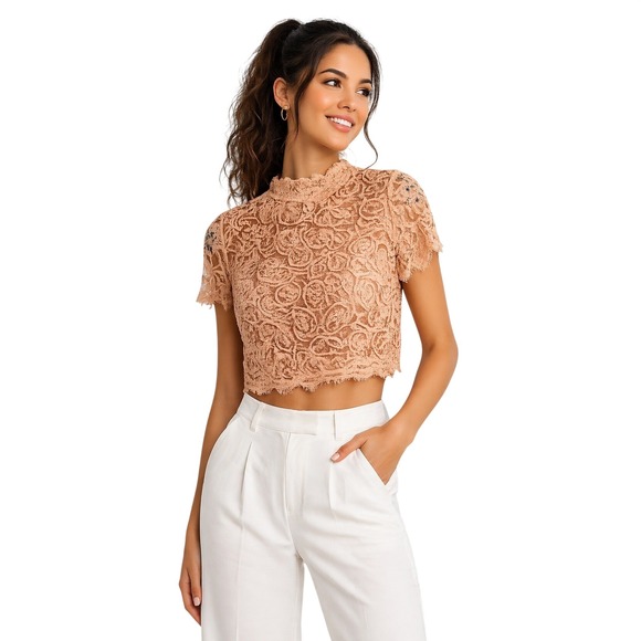 Zara Tops - NWT Zara Peach Floral Lace Short Sleeve Mock Neck Crop Top S New